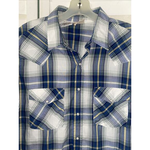 VTG Western Frontier Men's Shirt Blue Plaid Pearl Snap 2 Pocket Short Sleeve LRG - Picture 3 of 5